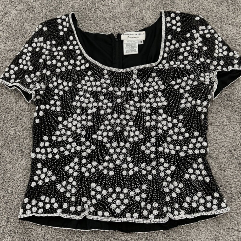 Adrianna Papell Evening Beaded Short Sleeve Black Silk Blouse Top Size Medium